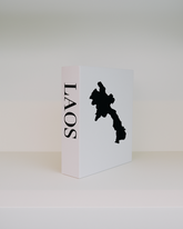 White box with 'LAOS' text and black map silhouette on a white background
