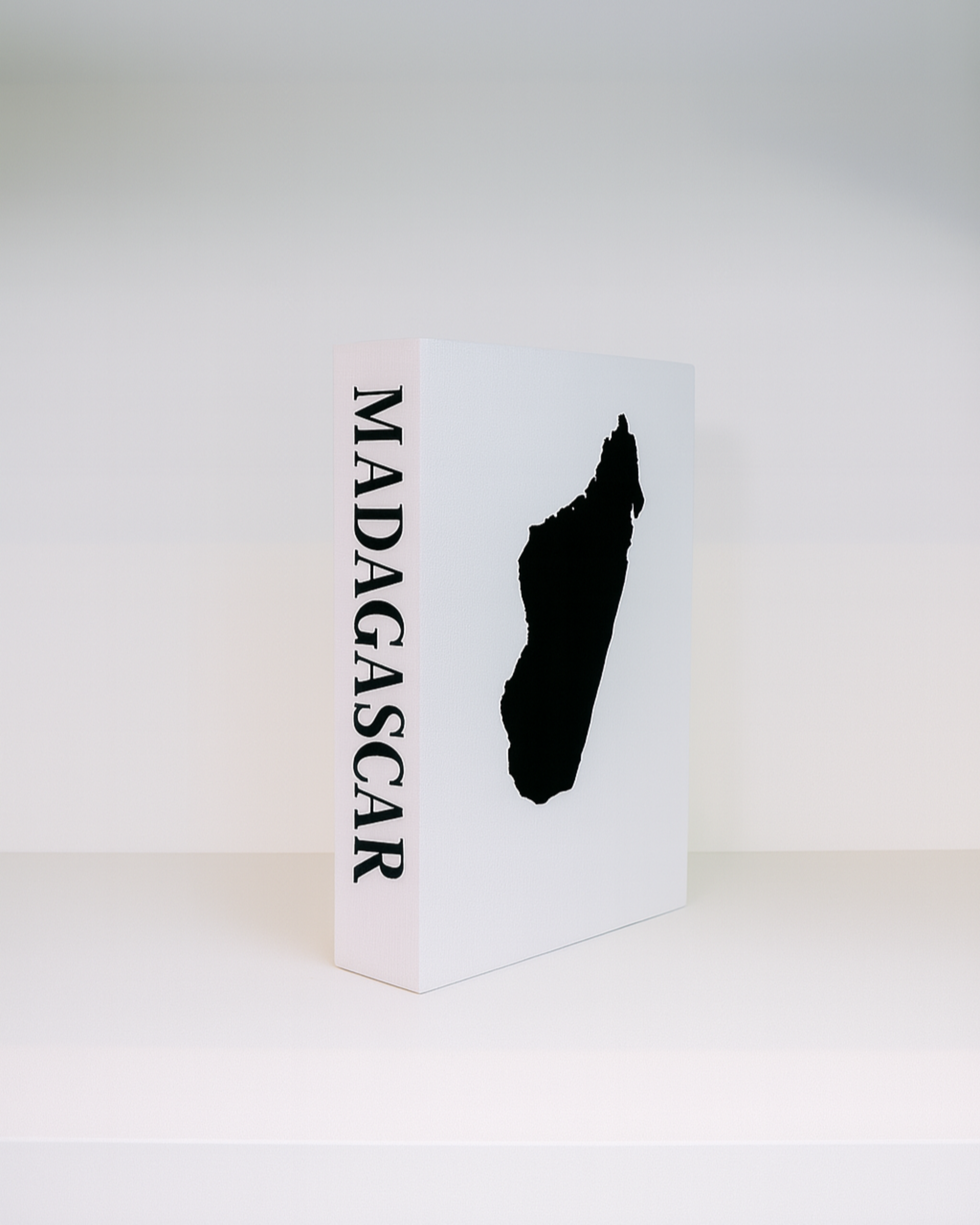 White box with a black silhouette of Madagascar and 'Madagascar' text on a white background
