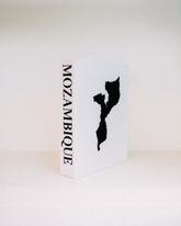 Card with a black outline of Mozambique on a white background