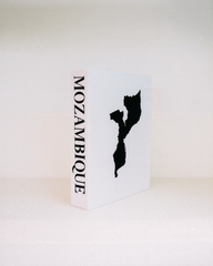 Card with a black outline of Mozambique on a white background