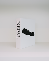 White box with black 'NEPAL' text and map on a white background