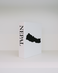 White box with black 'NEPAL' text and map on a white background