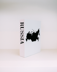White box with black 'RUSSIA' text and map on a white background