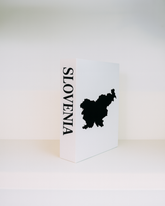White box with black 'SLOVENIA' text and map on a white background