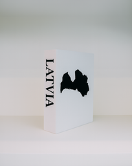 White box with black Latvia map and text on a white background