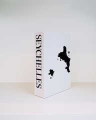 White box with black map and 'Seychelles' text on a white background