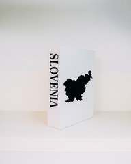 White box with black 'SLOVENIA' text and map on a white background